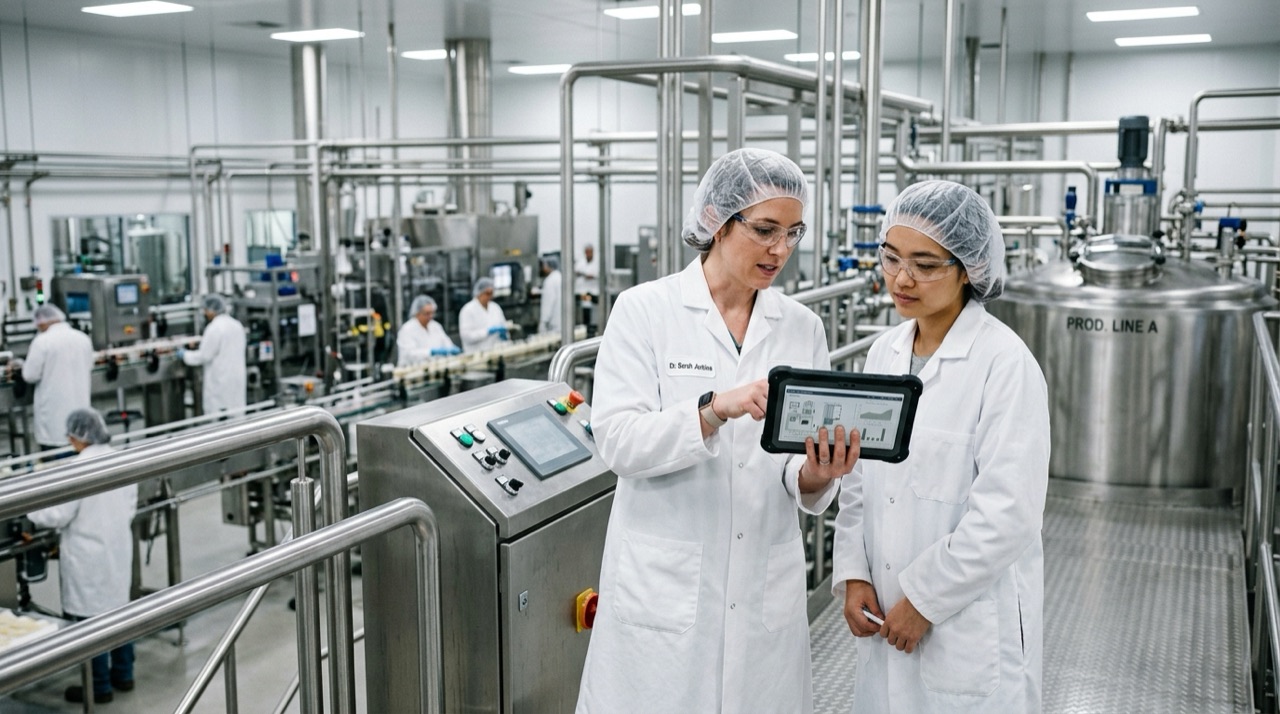 Food scientists in a modern manufacturing facility